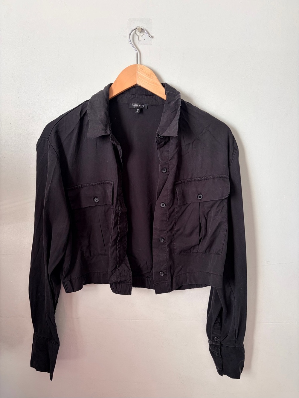 Dynamite Black Cropped Utility Jacket Shirt Button Down Cargo Pockets